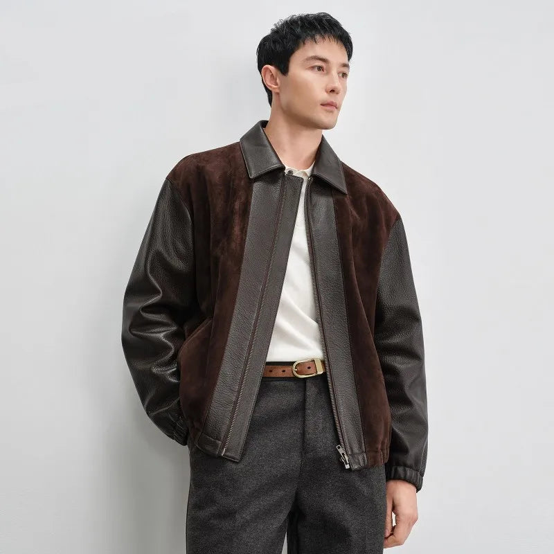 Veste homme en cuir à empiècements contrastants – CLEVI Paris