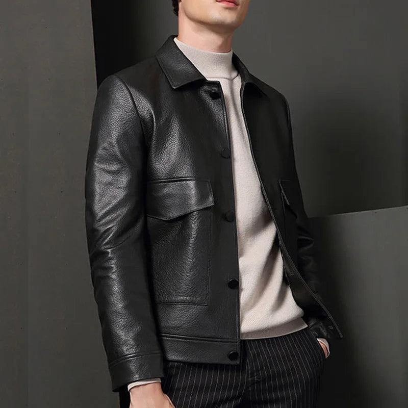 Veste homme en cuir noir boutonnée à rabats – CLEVI Paris