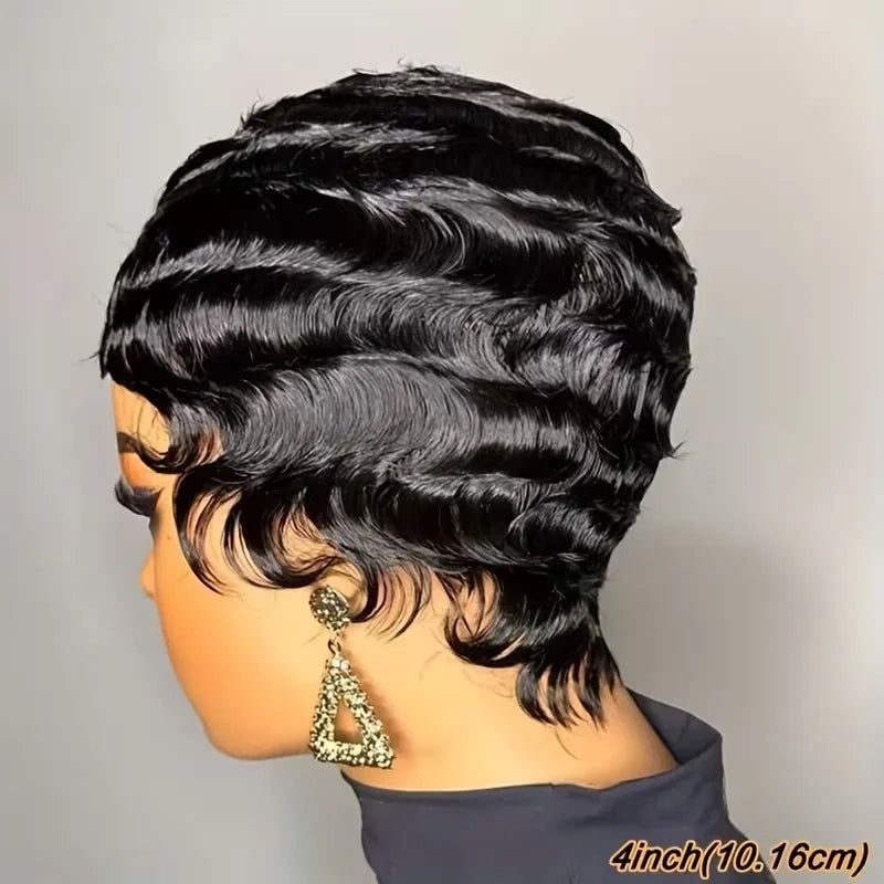Perruque Pixie Cut Deep Ocean Wave Cheveux Humains Vierges Bonnet Rose Glueless 150% 6 Pouces – CLEVI Paris