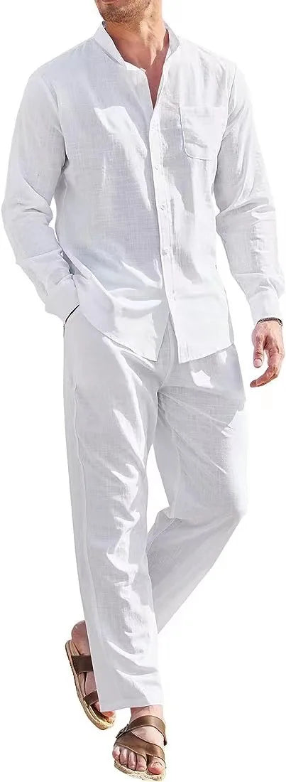 Ensemble 2 Pièces Homme Coton Lin Col Mao Chemise Manches Longues + Pantalon Style Casual Vintage – CLEVI Paris