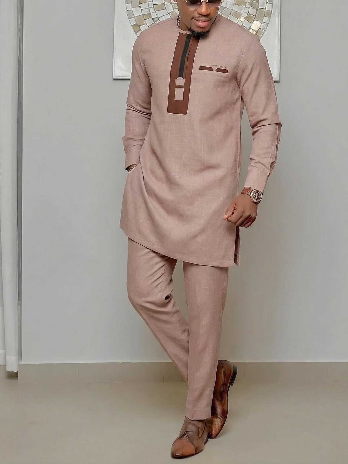 Ensemble Kaftan Africain Homme 2 Pièces – Costume Brodé Manches Longues – CLEVI Paris