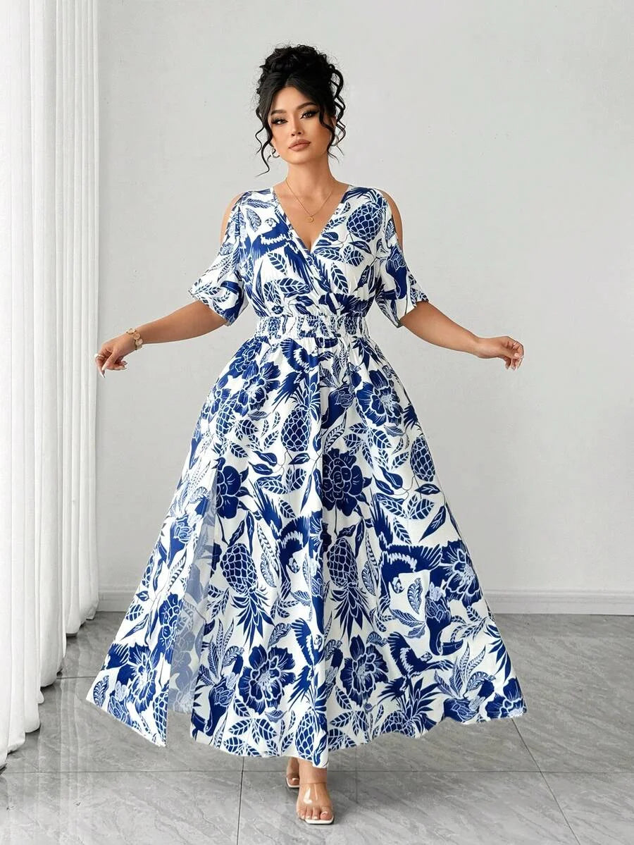 Robe Bohème Grande Taille Femme Imprimé Floral & Oiseaux Taille Cintrée Vacances – CLEVI Paris