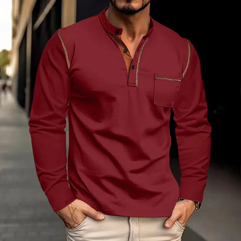 Chemise Homme Manches Longues Col Henley Poche Casual – CLEVI Paris