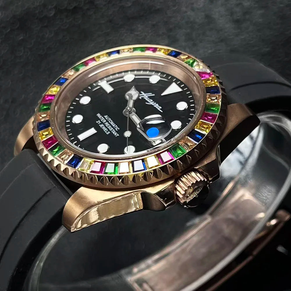 Montre Homme Automatique HUAYRA – Miyota 8215 Diamants Arc-en-Ciel Verre Saphir Bracelet Caoutchouc – CLEVI Paris