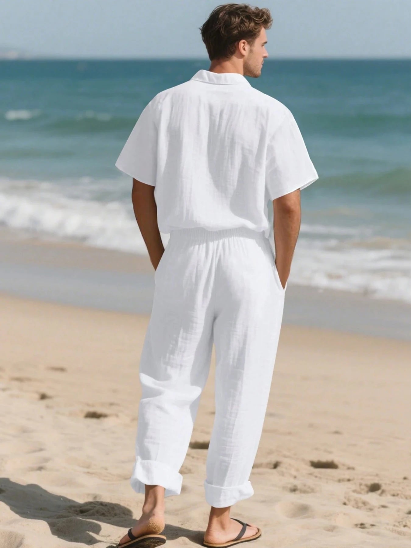 Ensemble 2 Pièces Homme Lin Chemise Manches Mi-Longues + Pantalon Cordon Casual Été S-XXL – CLEVI Paris