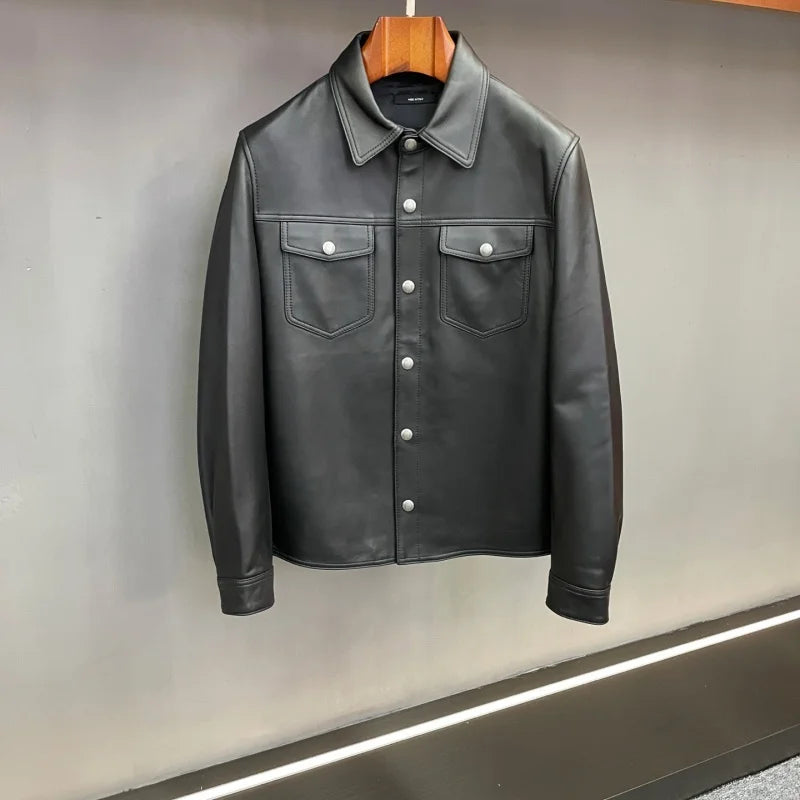 Veste homme en cuir noir à boutons-pression – CLEVI Paris