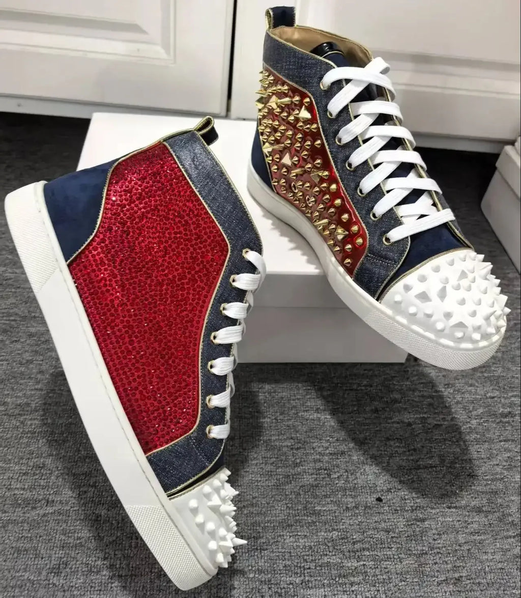 Sneakers Montantes Cuir Rivets Dorés & Strass Rouge Homme – CLEVI Paris
