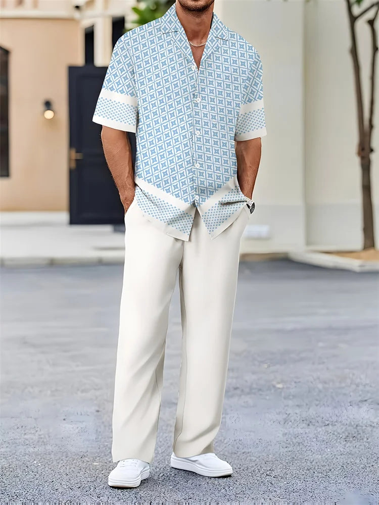 Ensemble 2 Pièces Homme Chemise Imprimée 3D Col Cranté + Pantalon Casual Voyage – 26 Motifs, S à 2XL – CLEVI Paris