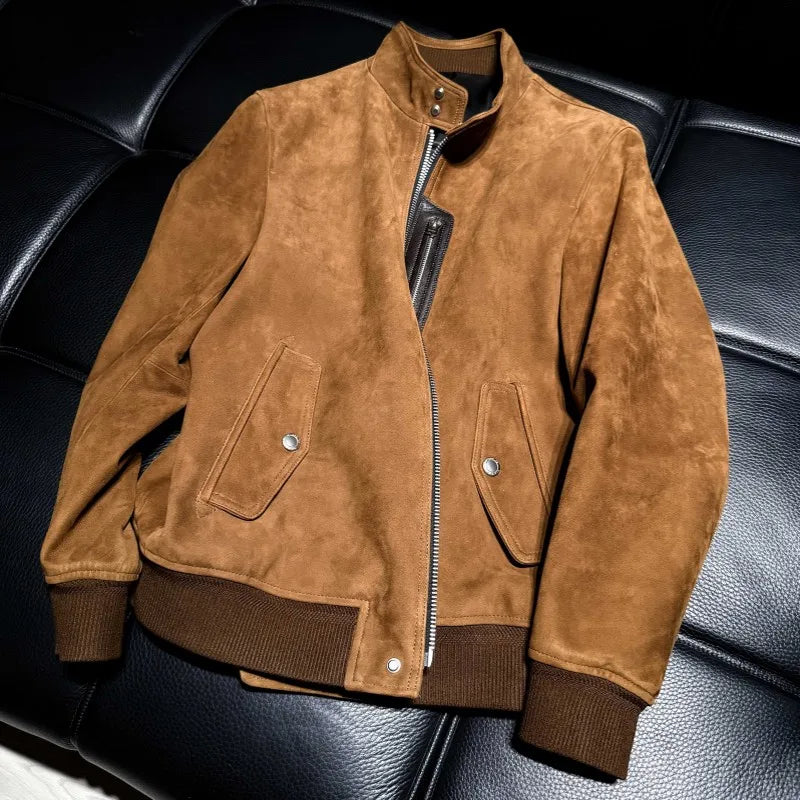 Veste homme en cuir marron clair à col montant – CLEVI Paris
