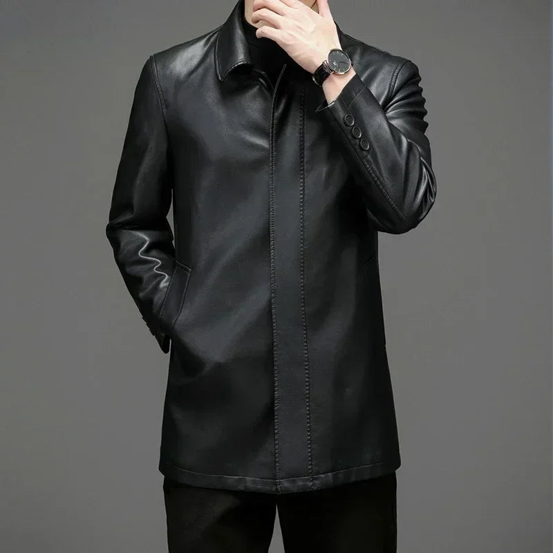 Veste longue homme en croûte de cuir noire – CLEVI Paris