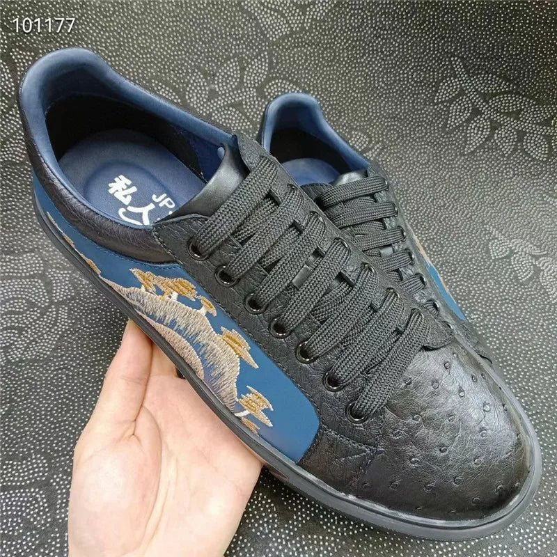 Sneakers Cuir Autruche Broderie Homme Noir – CLEVI Paris