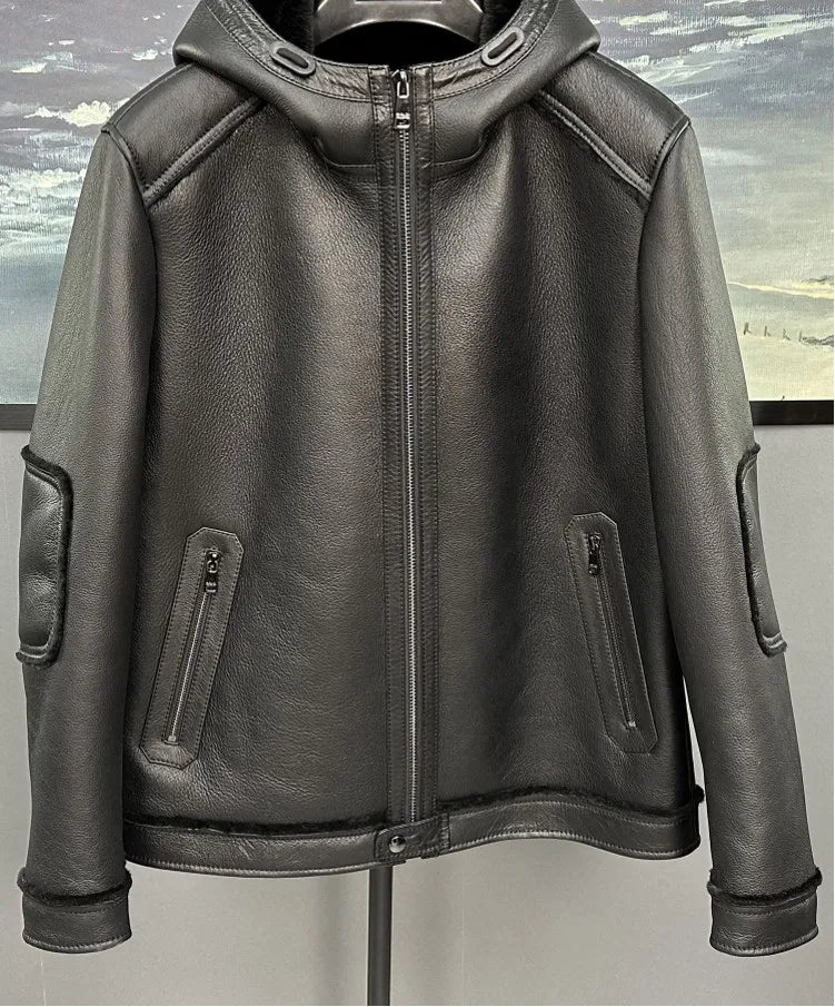 Blouson homme en cuir noir à capuche – CLEVI Paris
