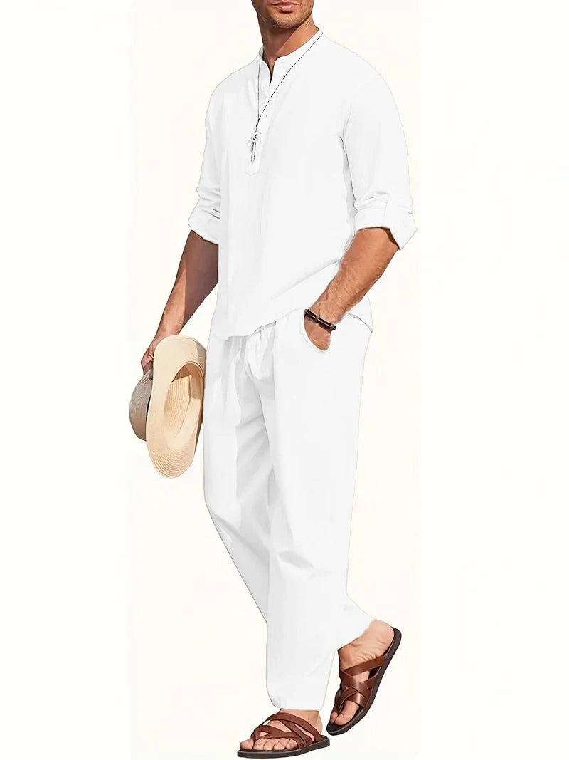 Ensemble Homme Chemise Henley Manches Longues Col Tunisien + Pantalon Taille Élastique Coton Lin Casual Été 8 Coloris – CLEVI Paris