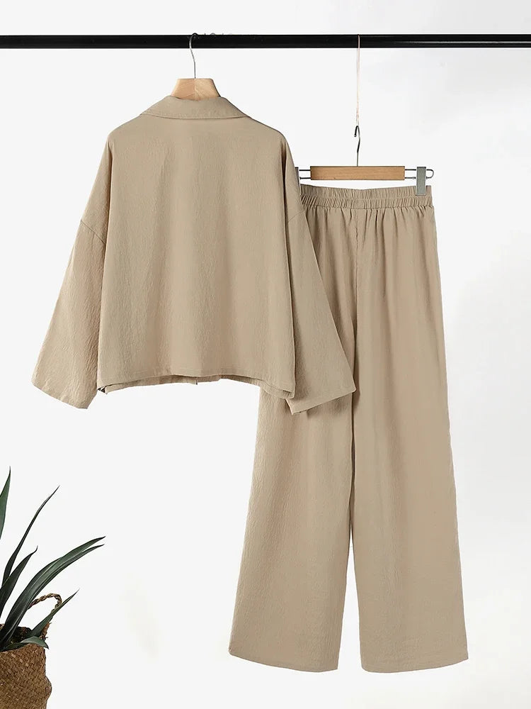 Ensemble 2 Pièces Femme Chemise Col Rabattu Manches Longues Boutonnée Ceinture + Pantalon Large Taille Mi-Haute Élastique Poches Casual Workwear 3 Coloris – CLEVI Paris