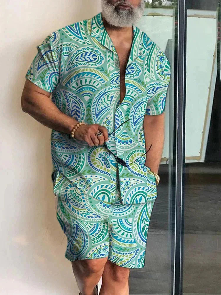 Ensemble 2 Pièces Homme Chemise Hawaïenne Imprimée Manches Courtes + Short Cordon Plage Voyage Été – CLEVI Paris
