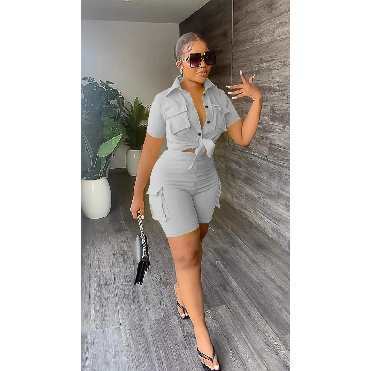 Ensemble Deux Pièces Femme Streetwear – Chemise Boutonné Manches Courtes & Short Assorti – CLEVI Paris