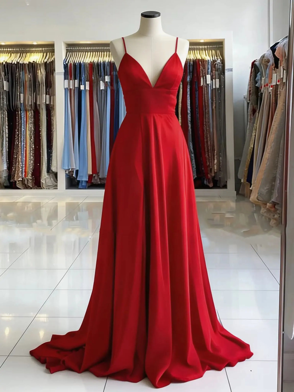 Robe de soirée longue col en V sans manches – CLEVI Paris
