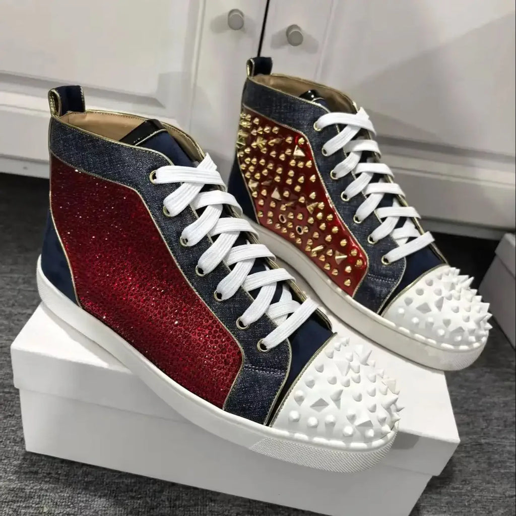 Sneakers Montantes Cuir Rivets Dorés & Strass Rouge Homme – CLEVI Paris