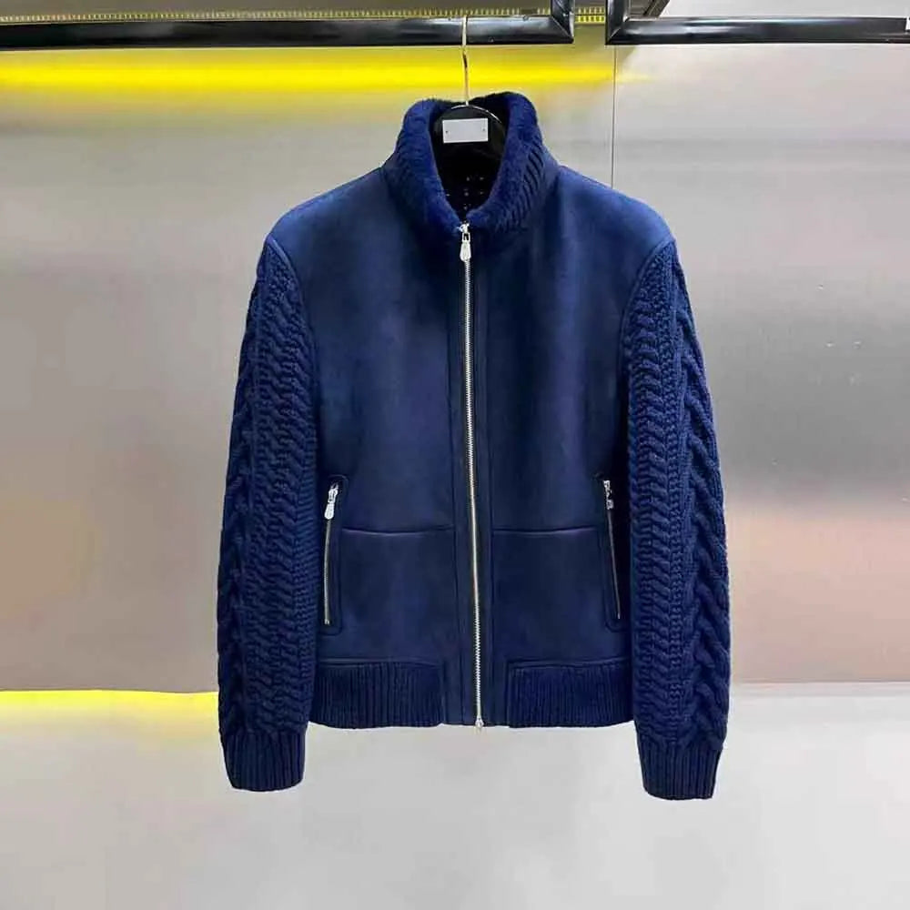 Blouson homme bleu marine à manches en maille – CLEVI Paris