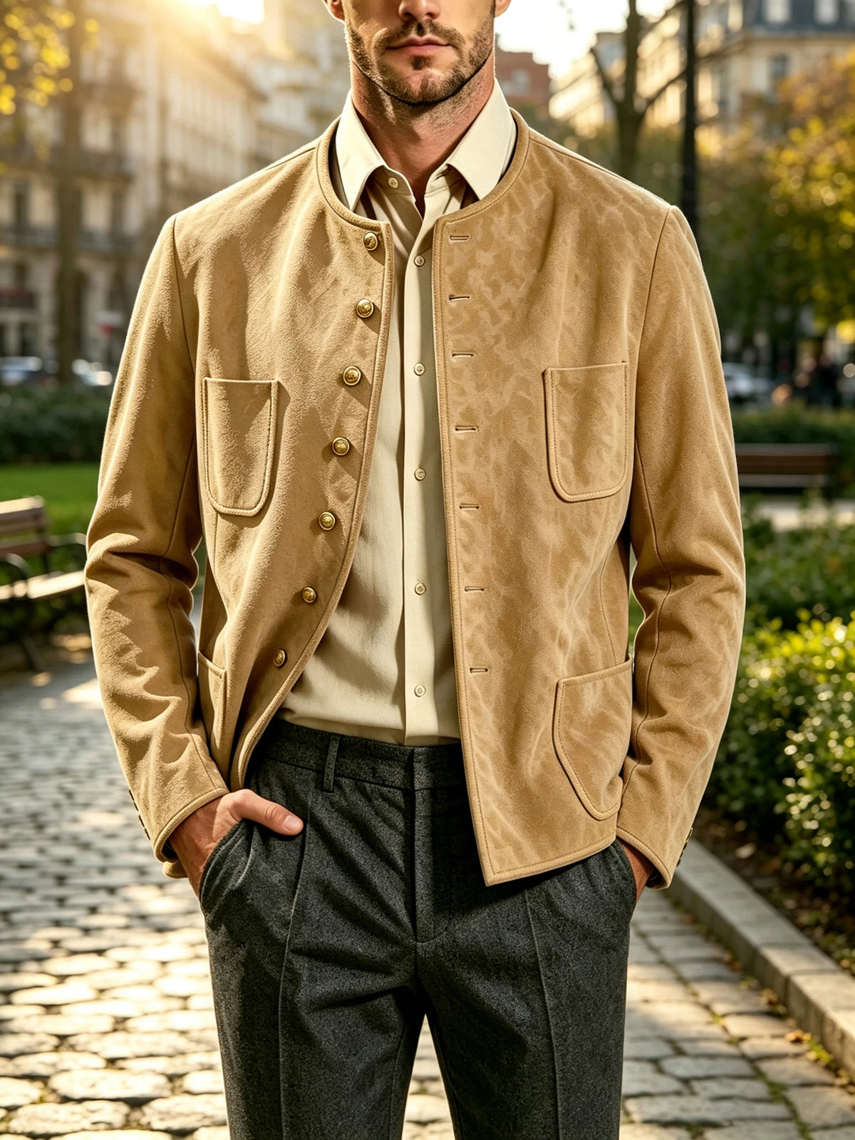 Veste homme vintage en suédine à col montant – CLEVI Paris