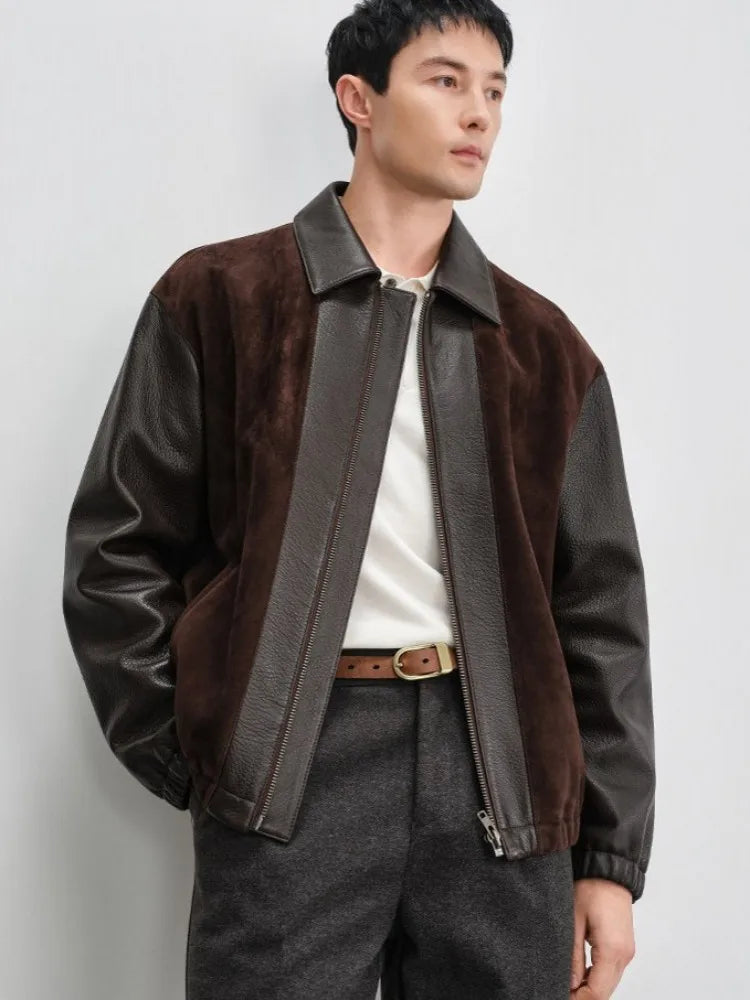 Veste homme en cuir à empiècements contrastants – CLEVI Paris