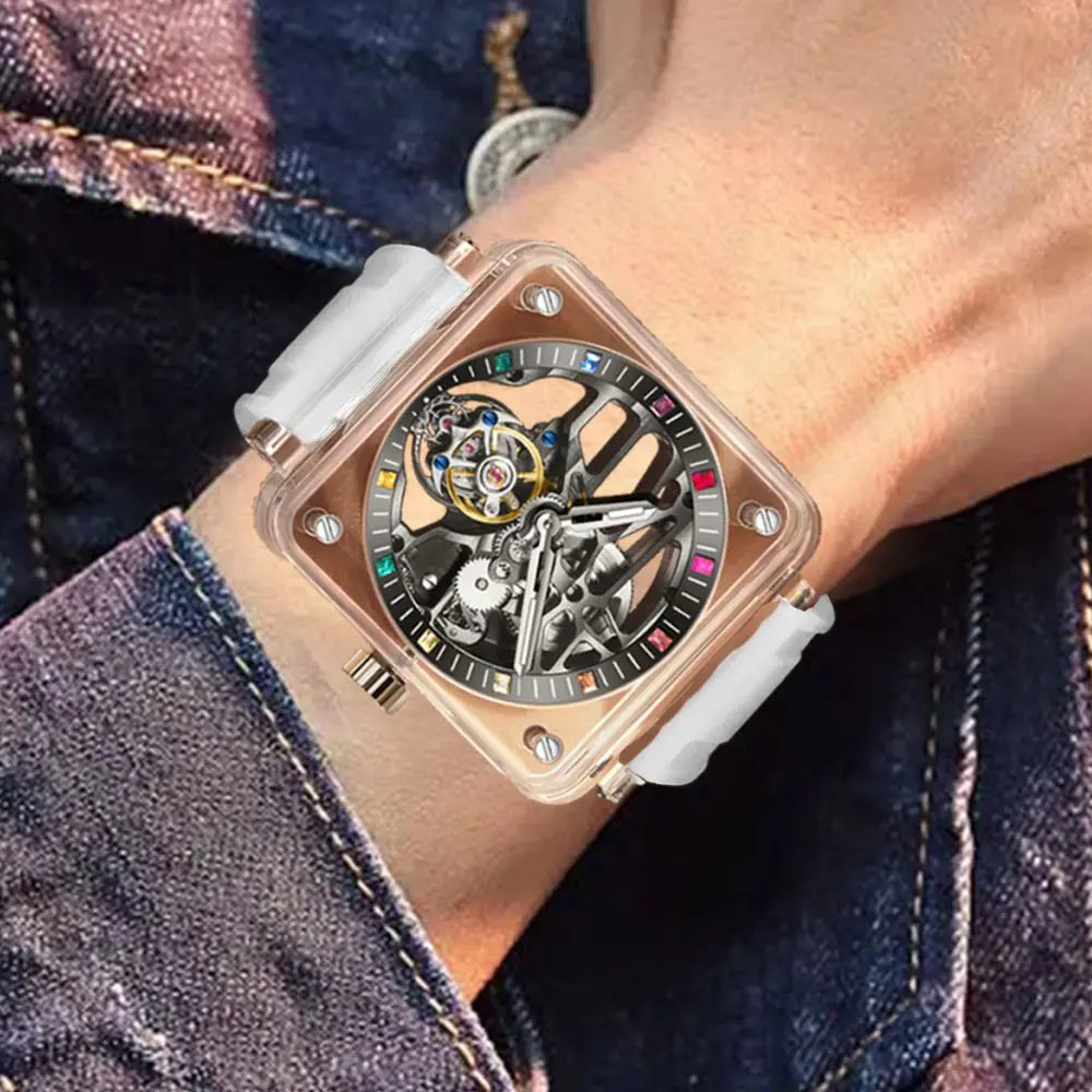 Montre Homme Tourbillon Transparent AESOP 7058G – Squelette Intégral Verre Saphir Étanche Bracelet Caoutchouc – CLEVI Paris