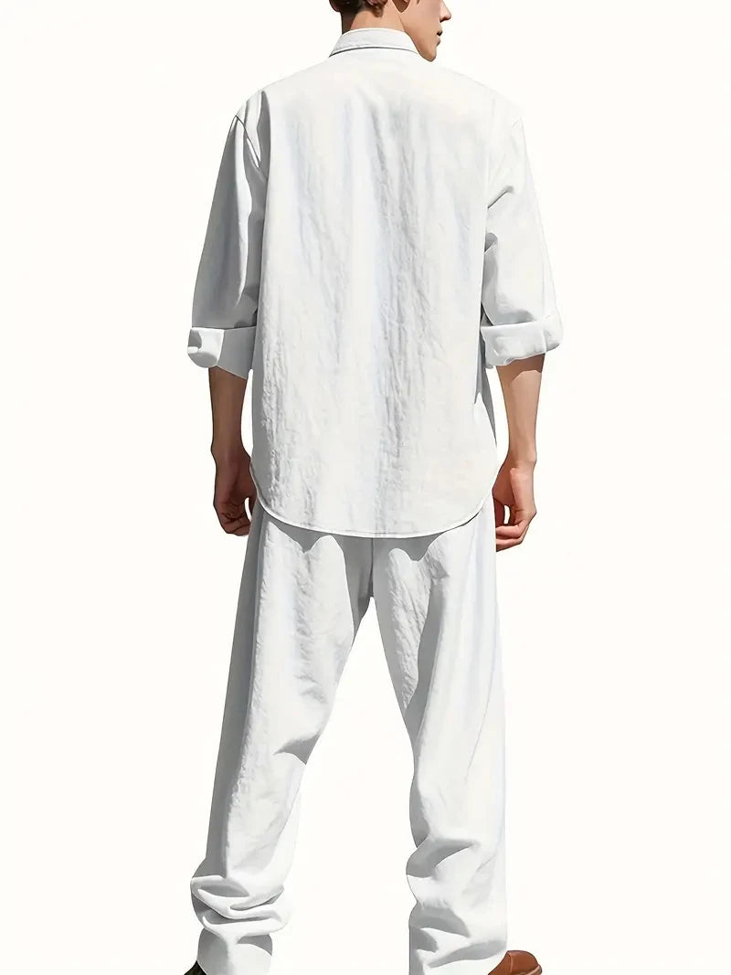 Ensemble Homme Chemise Henley Manches Longues Col Tunisien + Pantalon Taille Élastique Coton Lin Casual Été 8 Coloris – CLEVI Paris