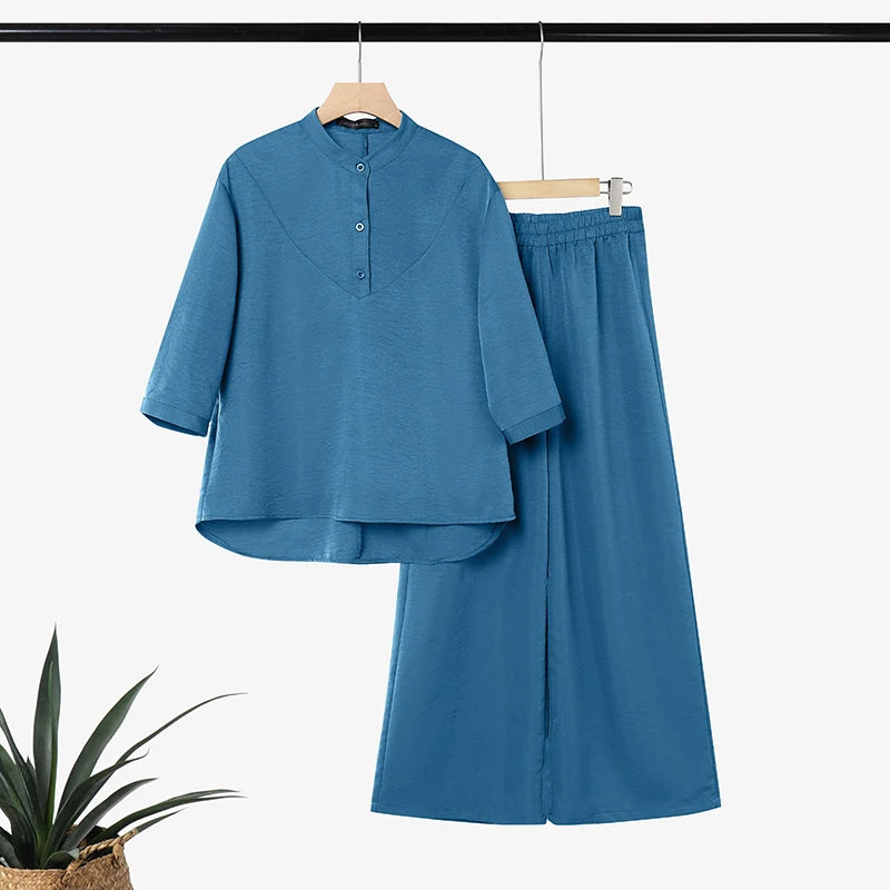 Ensemble 2 Pièces Femme Blouse Col Montant Manches 3/4 + Pantalon Large Taille Élastique OL Casual Bohème 3 Coloris – CLEVI Paris
