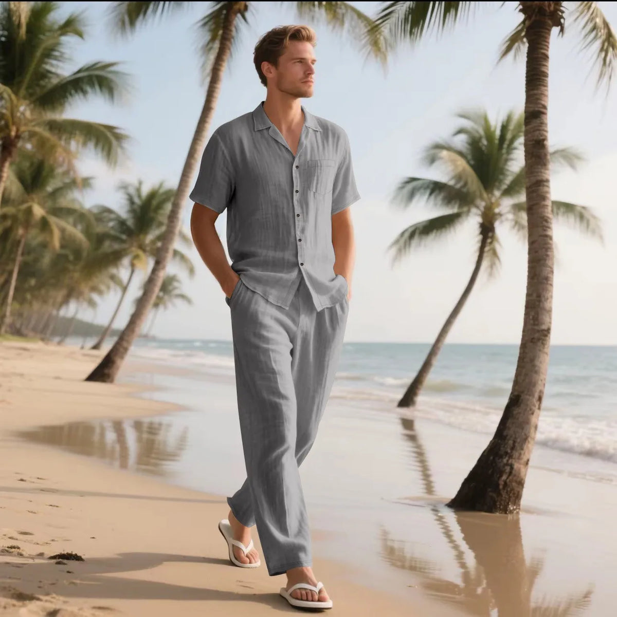 Ensemble Homme Chemise Lin Manches Courtes Col Cranté + Pantalon Long Cordon Casual Plage Vacances – CLEVI Paris