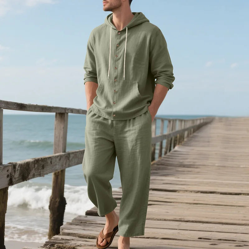 Ensemble Homme Chemise Lin Col V Manches 3/4 + Pantalon Cordon Casual Plage Été 8 Coloris – CLEVI Paris