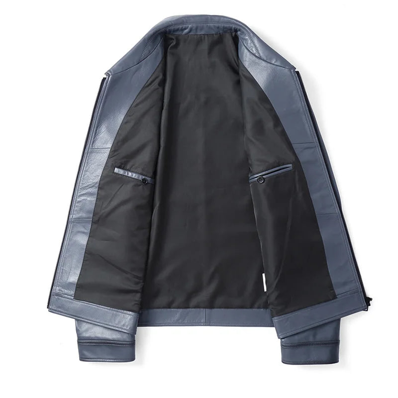 Blouson homme en cuir bleu à poches à rabat – CLEVI Paris