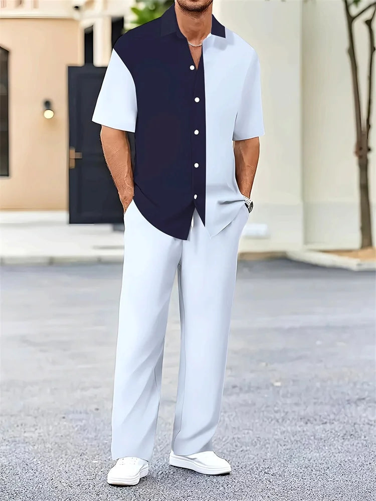 Ensemble 2 Pièces Homme Chemise Imprimée 3D Col Cranté + Pantalon Casual Voyage – 26 Motifs, S à 2XL – CLEVI Paris