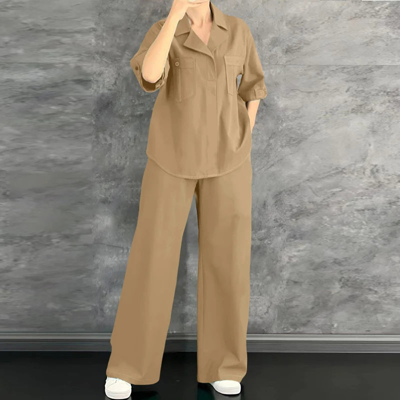 Ensemble 2 Pièces Femme Blouse Col Rabattu Manches Mi-Longues Boutonnée Poches + Pantalon Large Taille Mi-Haute Élastique Casual Bohème Beige Vert Noir – CLEVI Paris