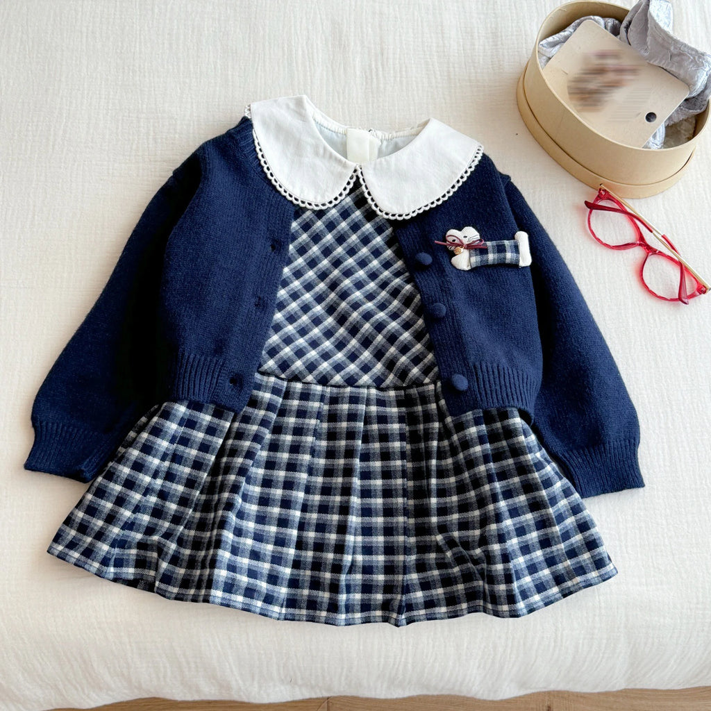 Ensemble fille bleu pull et robe à carreaux – CLEVI Paris