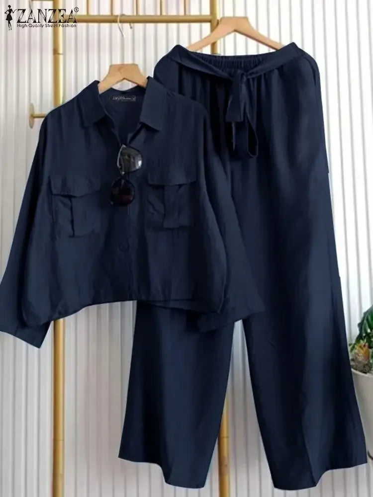 Ensemble 2 Pièces Femme Chemise Col Rabattu Manches Longues Boutonnée Ceinture + Pantalon Large Taille Mi-Haute Élastique Poches Casual Workwear 3 Coloris – CLEVI Paris
