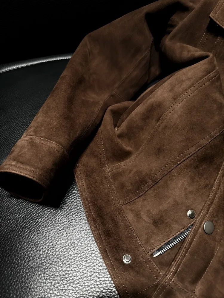 Veste homme marron aspect daim à col rabattu – CLEVI Paris