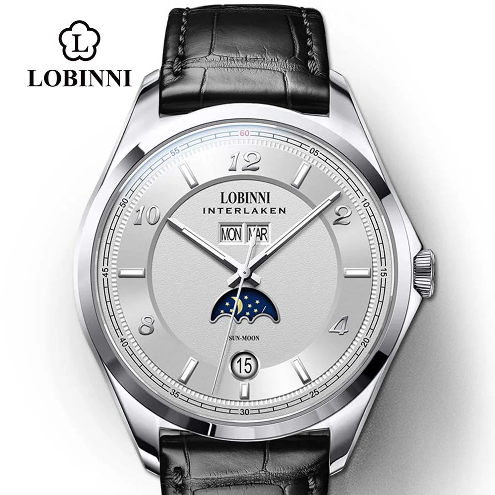 Montre Homme LOBINNI 40mm Automatique Calendrier Verre Saphir Bracelet Cuir – CLEVI Paris