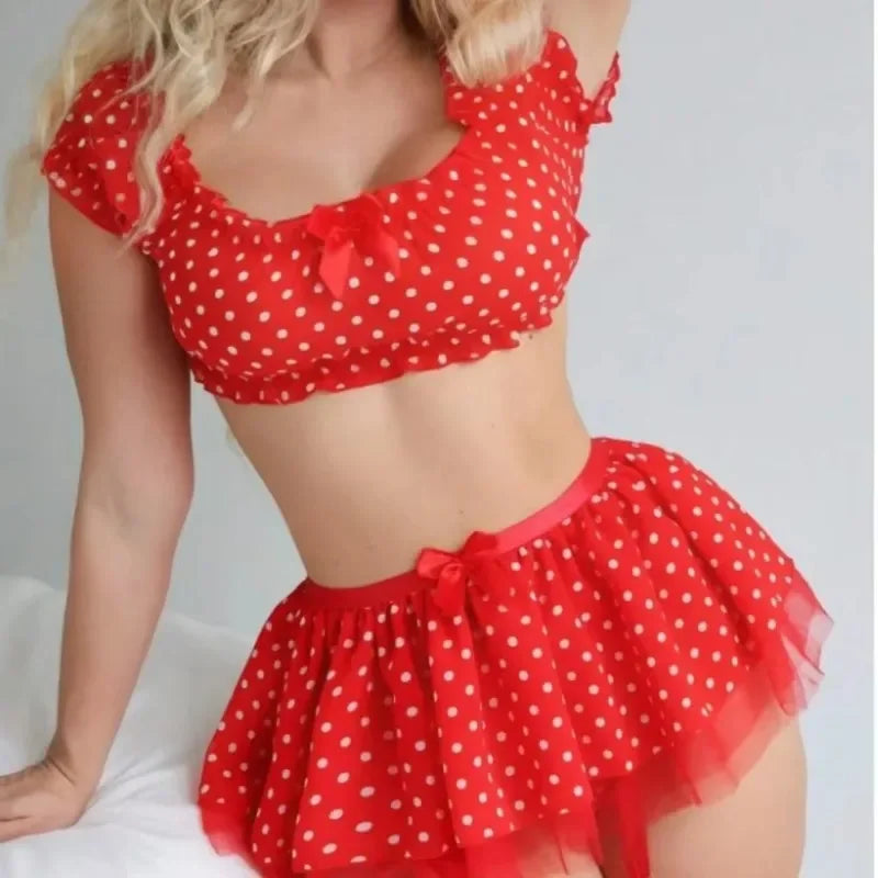 Ensemble Lingerie Femme Sexy Jupe à Pois Jarretelles Épaules Dénudées Jupe Bouffante – CLEVI Paris
