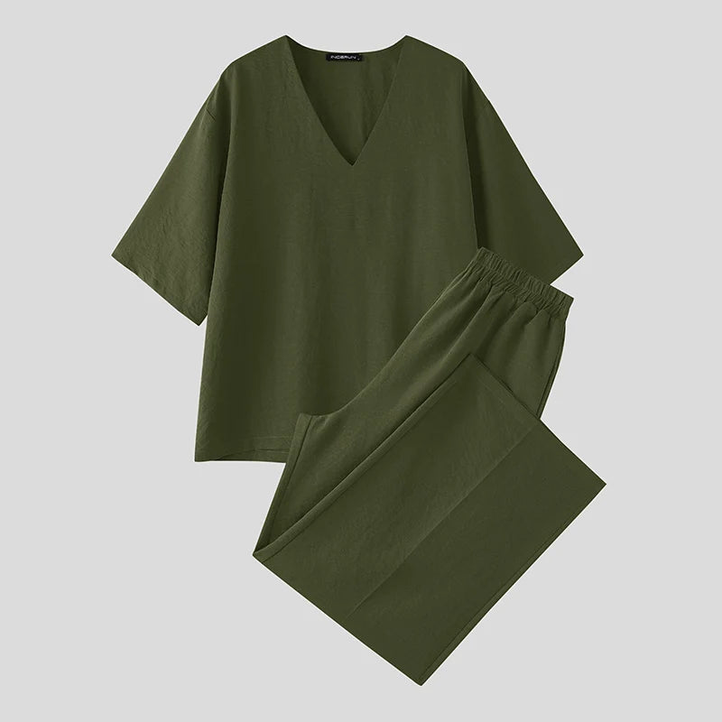 Ensemble 2 Pièces Homme T-shirt Col V Manches Courtes + Pantalon INCERUN Streetwear Oversize – 3 Coloris, S à 5XL – CLEVI Paris