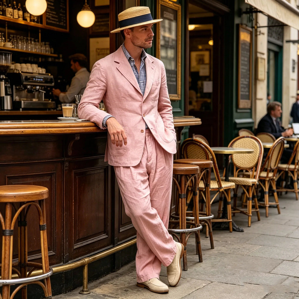 Costume Homme 2 Pièces Lin Coton Blazer Col Cranté + Pantalon Jambe Droite Smart Casual Mariage Été 7 Coloris – CLEVI Paris