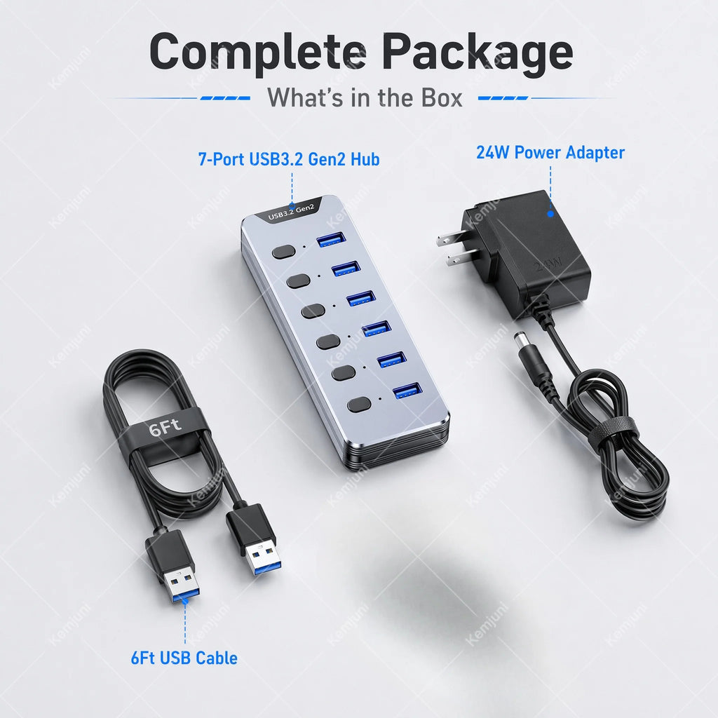 Hub USB 3.0 7 Ports Interrupteurs Individuels Alimentation 24W 5Gbps – CLEVI Paris