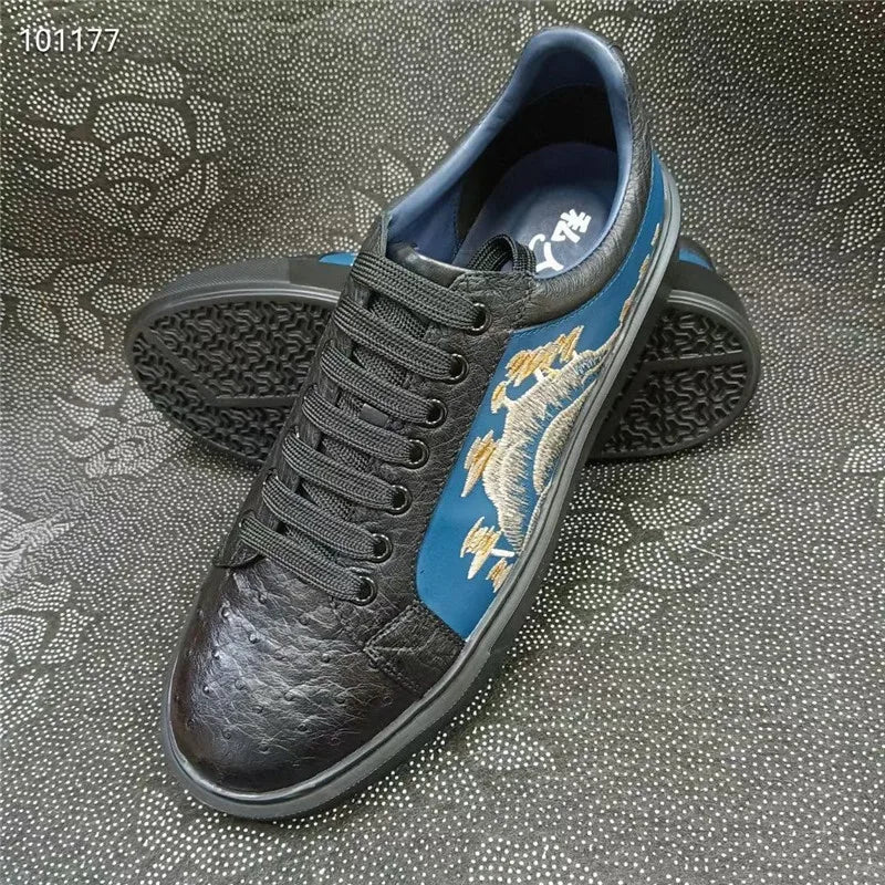 Sneakers Cuir Autruche Broderie Homme Noir – CLEVI Paris