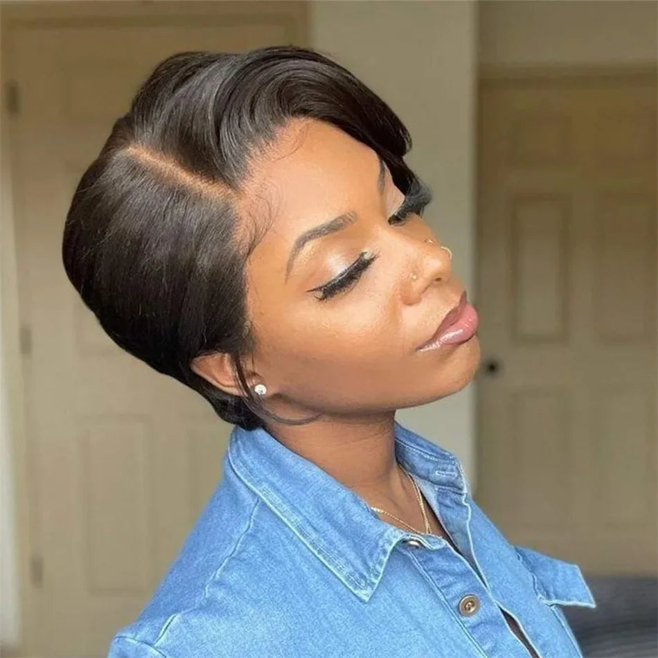 Perruque Pixie Cut Bob Courte 6 Pouces Cheveux Humains Brésiliens Lace 13x4 180% – CLEVI Paris