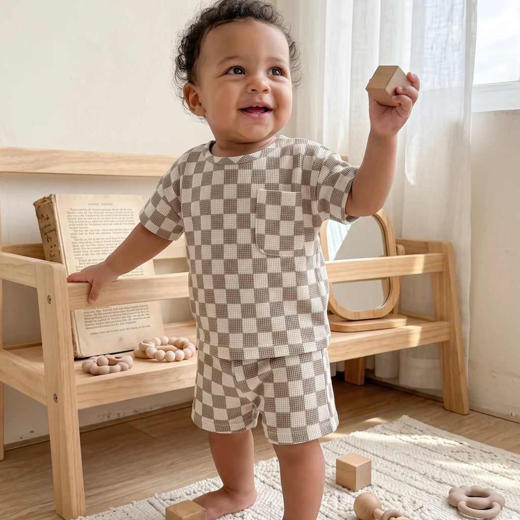Ensemble bébé à carreaux kaki haut et short – CLEVI Paris