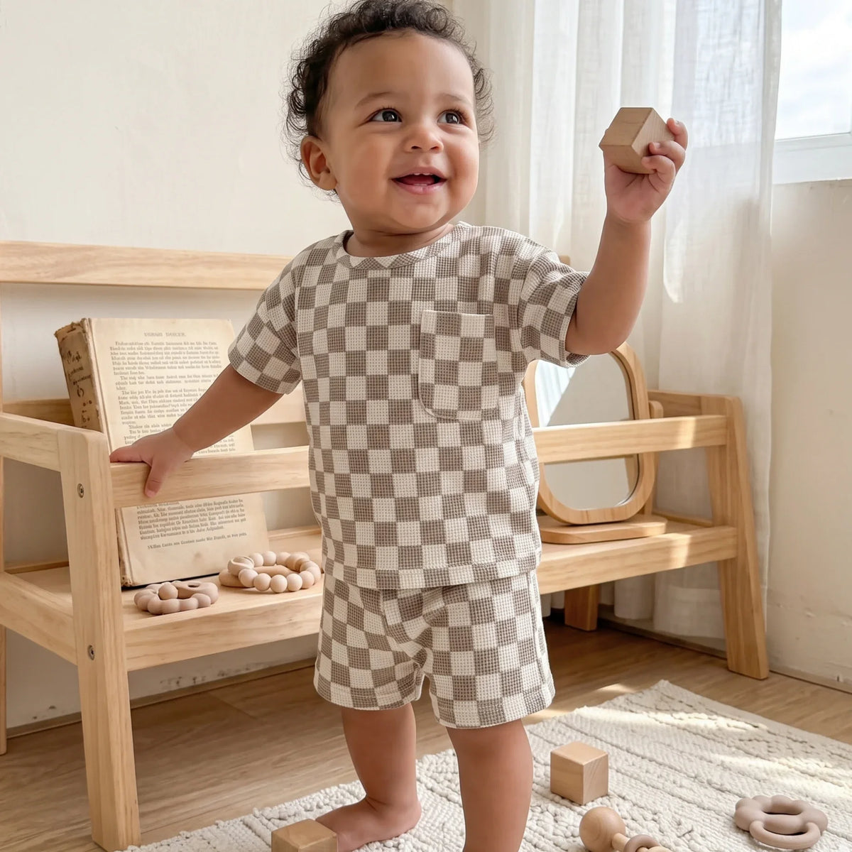 Ensemble bébé à carreaux kaki haut et short – CLEVI Paris