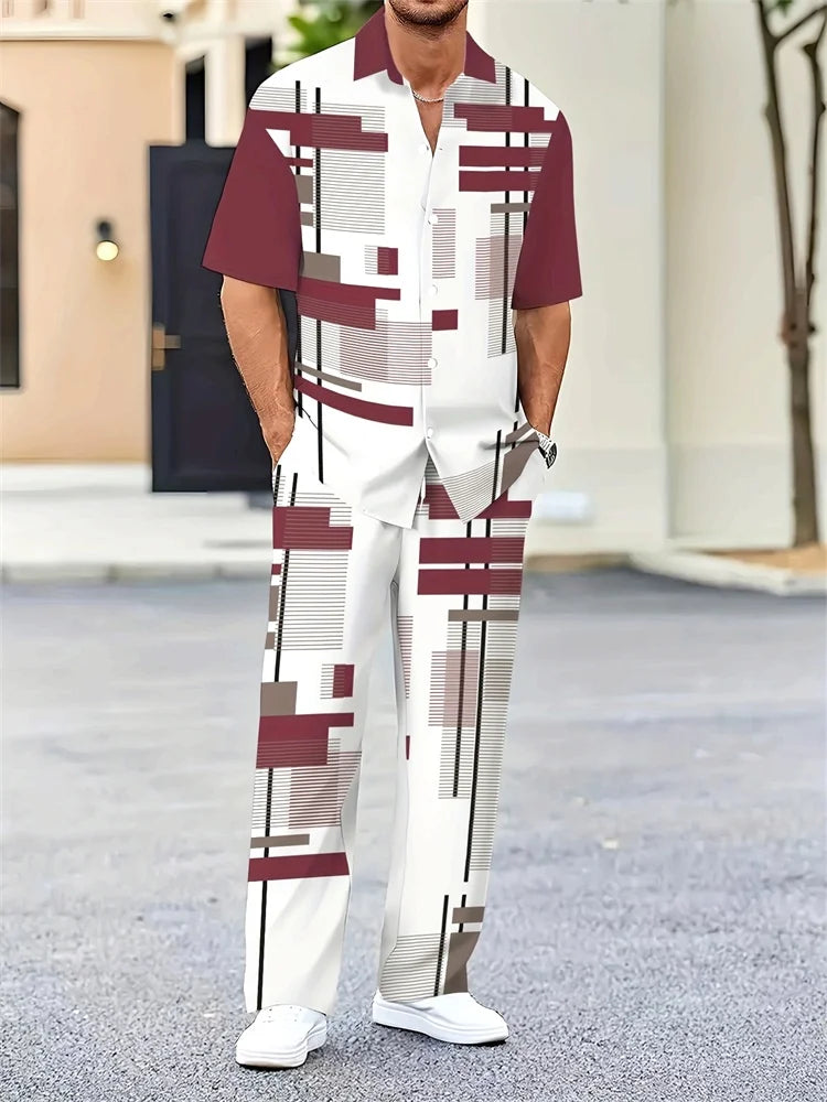 Ensemble 2 Pièces Homme Chemise Imprimée 3D Col Cranté + Pantalon Casual Voyage – 26 Motifs, S à 2XL – CLEVI Paris