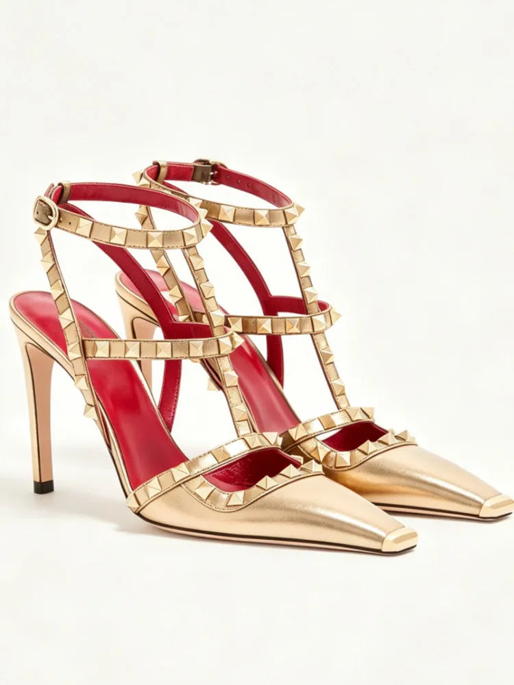 Sandales femme à talon fin et rivets – CLEVI Paris