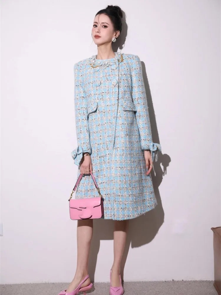 Manteau femme en tweed bleu clair à carreaux – CLEVI Paris