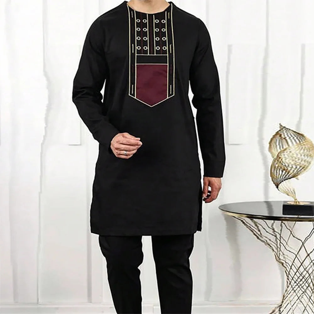 Ensemble 2 Pièces Homme Style Africain Chemise Manches Longues Col Rond + Pantalon Cordon Élégant XS-XXL – CLEVI Paris