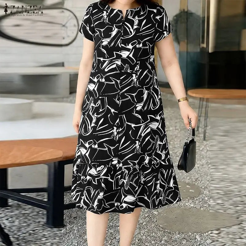 Robe Femme Col V Manches Courtes Imprimé Floral A-line Mi-Mollet Ourlet Volants Bohème – CLEVI Paris